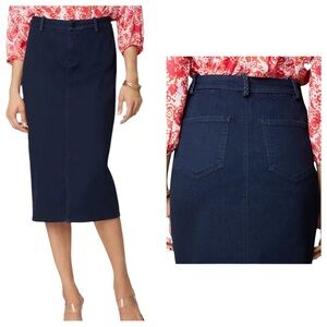 NYDJ Braided Trim Denim Midi Skirt, Dark Wash Stretch Pencil Skirt